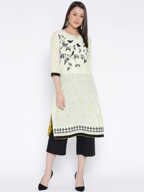 

Rangriti Women Off-White & Black Bird & Floral Print Straight Kurta