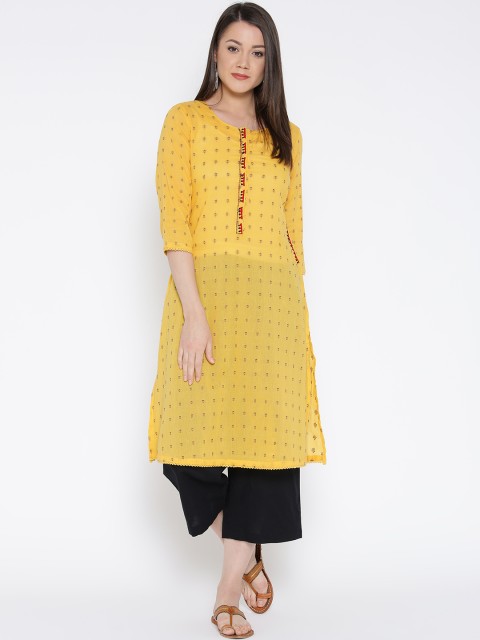 

Rangriti Women Yellow Woven Design Semi-Sheer Straight Kurta