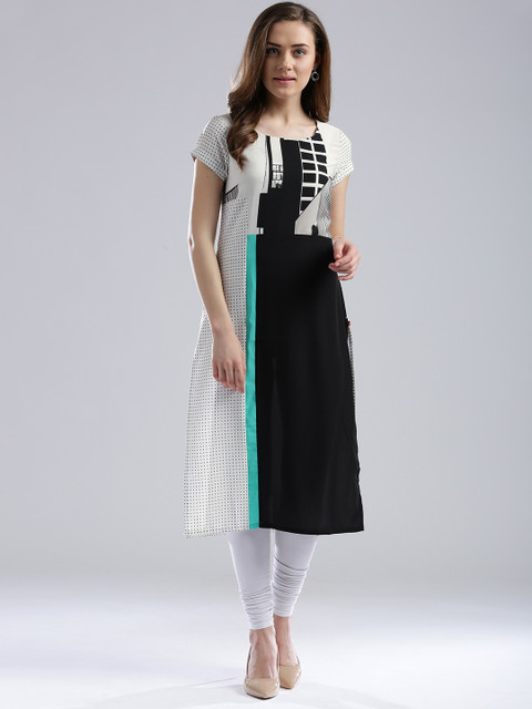 

W Women Black & White Printed Straight Kurta