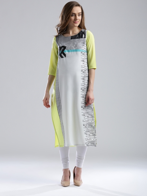 

W Women White & Lime Green Printed Straight Kurta