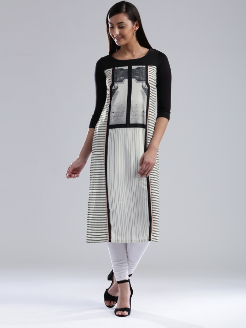 

W Women Off-White & Black Printed Straight Kurta