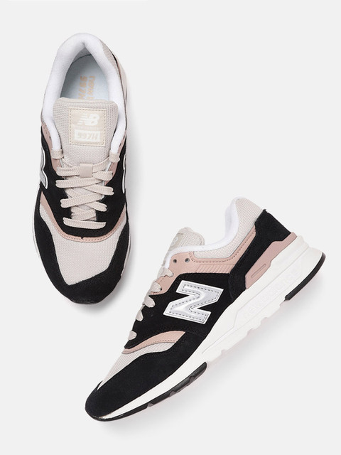 

New Balance Women Off White & Black Woven Design Suede Sneakers
