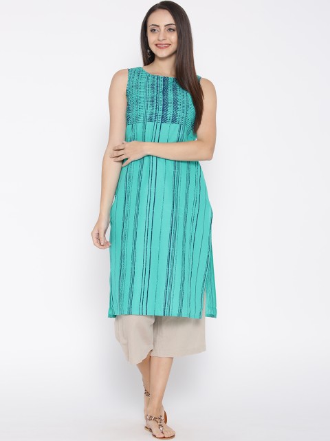 

AURELIA Women Green Striped Straight Kurta