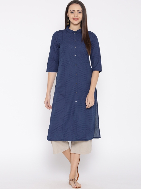 

AURELIA Women Navy Woven Design Straight Kurta, Navy blue