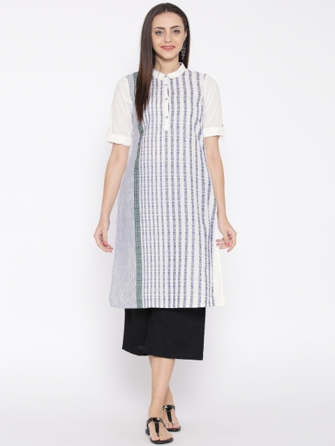 

AURELIA Women White & Blue Woven Design Straight Kurta