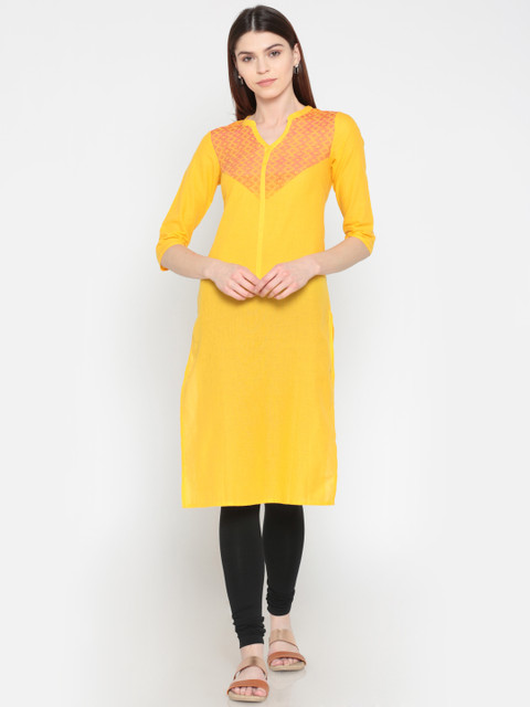 

AURELIA Women Yellow Yoke Design Straight Kurta