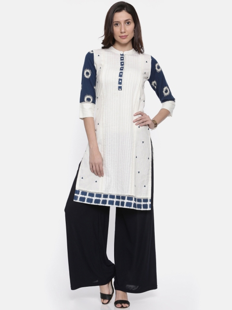 

Rangriti Women White & Navy Blue Geometric Print Straight Panelled Pure Cotton Kurta