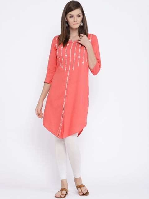 

Rangriti Women Coral Pink Yoke Design Straight Kurta