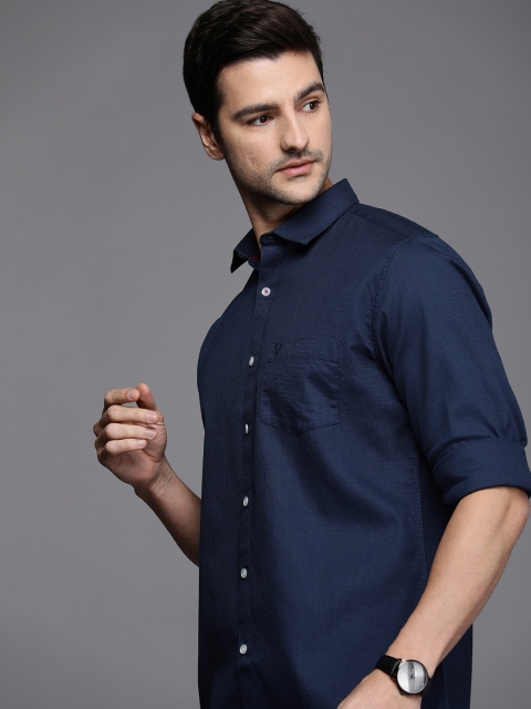

Allen Solly Men Navy Blue Self-Design Sport Fit Pure Cotton Casual Shirt