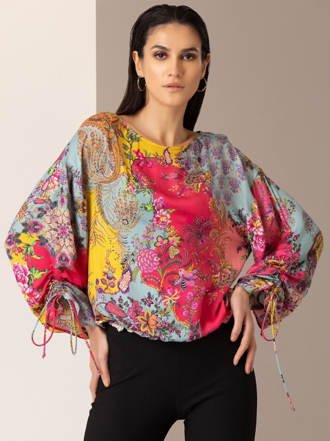 

SHAYE Multicoloured Floral Print Satin Kaftan Top, Multi