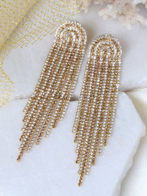 

Ayesha Gold-Toned Diamante Crystal Studded Contemporary Tasselled Drop Earrings