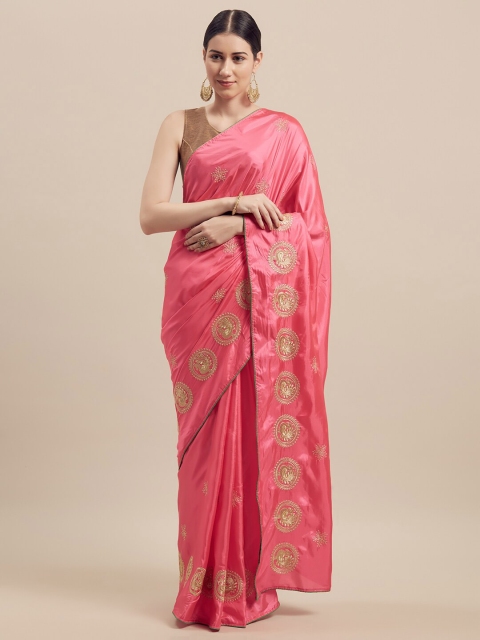 

Florence Pink & Gold-Toned Ethnic Motifs Embroidered Paper Silk Saree
