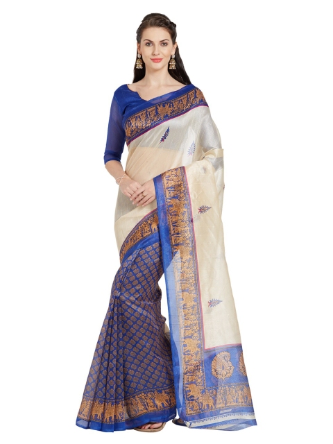 

Florence White & Navy Blue Ethnic Motifs Silk Blend Half and Half Saree