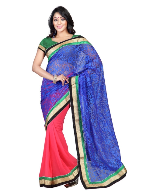 

Florence Blue & Peach-Coloured Floral Brasso Half and Half Saree