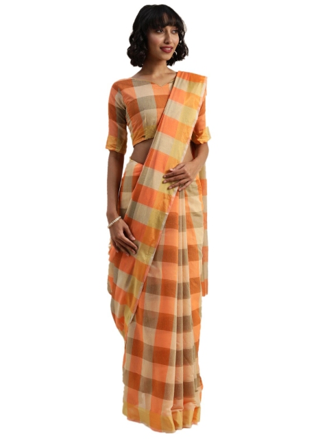

Florence Orange & Grey Checked Pure Cotton Saree