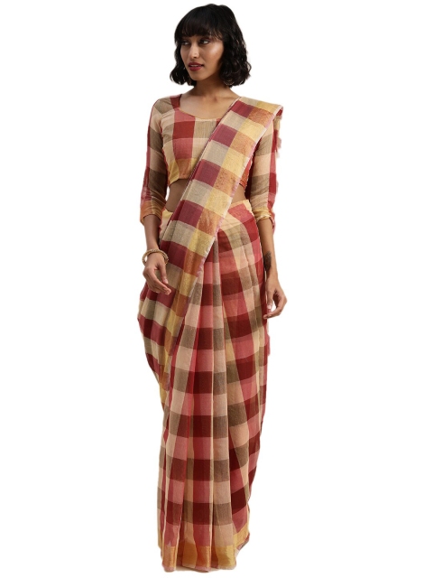 

Florence Mustard & Maroon Checked Pure Cotton Saree