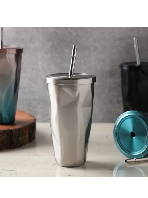 

The Decor Mart Silver-Toned Stainless Steel Tumbler With Straw