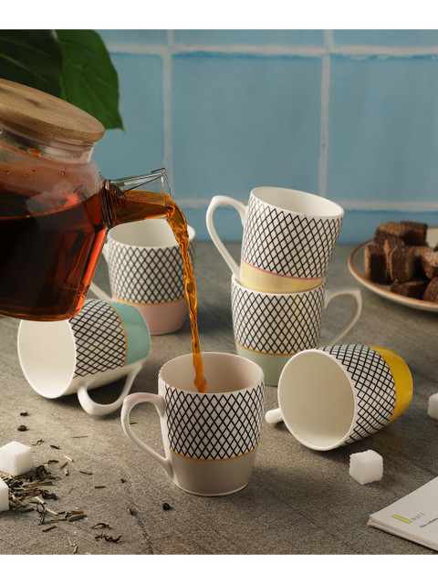 

The Decor Mart 6 Pieces White & Multicoloured Geometric Ceramic Matte Mugs Set