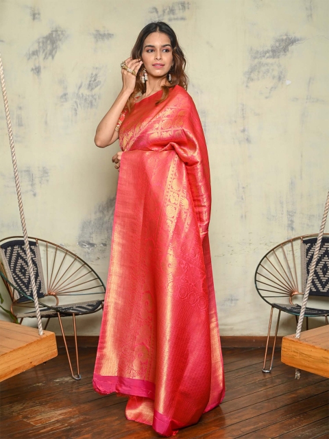 

BEATITUDE Pink & Gold-Toned Woven Design Zari Silk Blend Saree