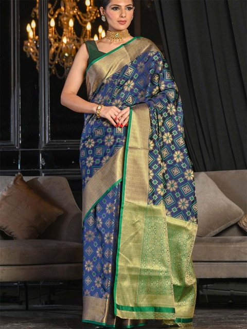 

BEATITUDE Blue & Green Woven Design Zari Silk Blend Patola Saree