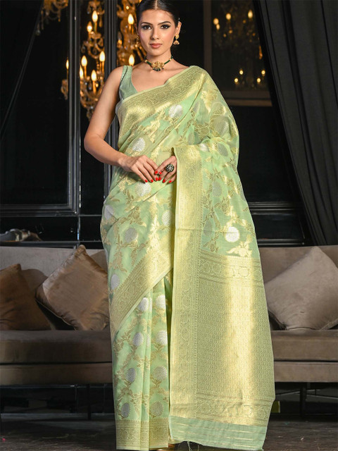 

BEATITUDE Green & Gold-Toned Woven Design Linen Blend Saree