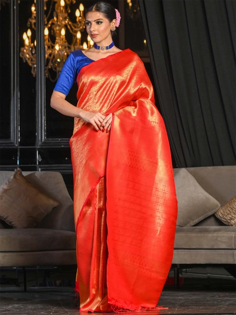 

BEATITUDE Red & Golden Ethnic Motifs Zari Silk Blend Banarasi Saree