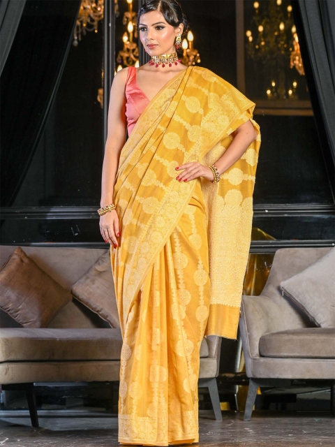 

BEATITUDE Yellow & White Ethnic Motifs Cotton Banarasi Saree