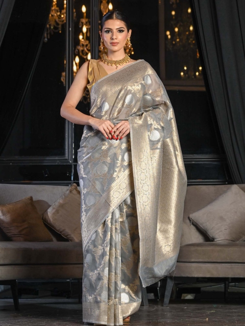 

BEATITUDE Grey & Gold-Toned Woven Design Zari Linen Blend Saree