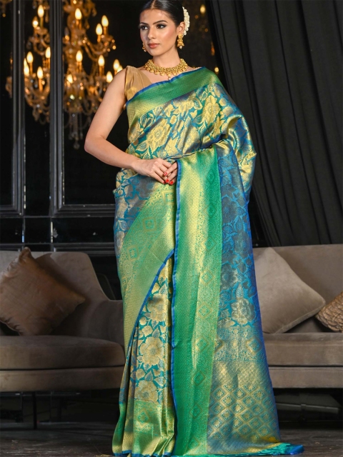 

BEATITUDE Blue & Green Woven Design Zari Silk Blend Saree