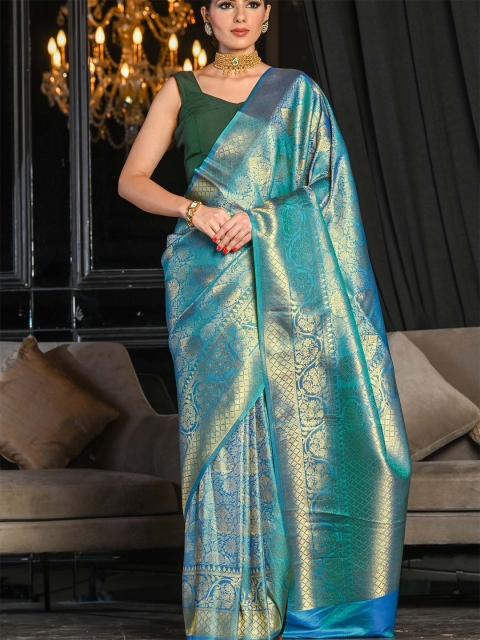 

BEATITUDE Blue & Gold-Toned Woven Design Zari Silk Blend Banarasi Saree