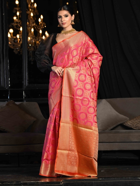 

BEATITUDE Pink & Orange Ethnic Motifs Zari Silk Blend Patola Saree