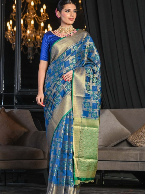 

BEATITUDE Blue & Green Woven Design Zari Silk Blend Patola Saree