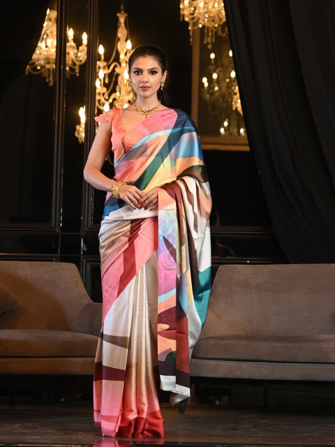 

BEATITUDE Pink & Blue Satin Saree