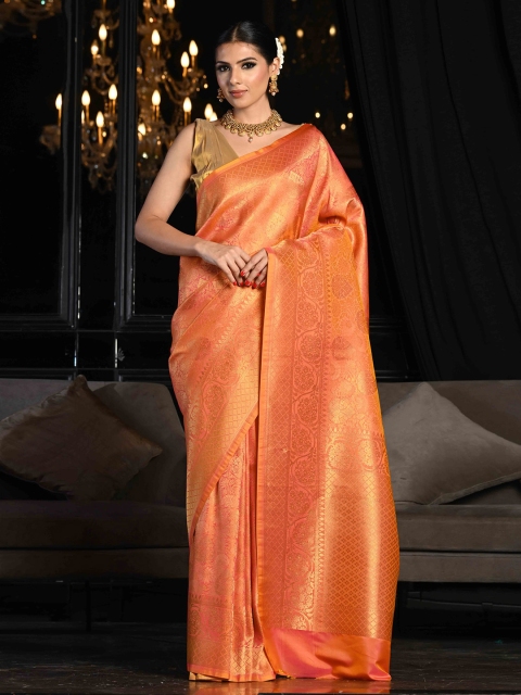 

BEATITUDE Orange & Gold-Toned Woven Design Zari Silk Blend Saree