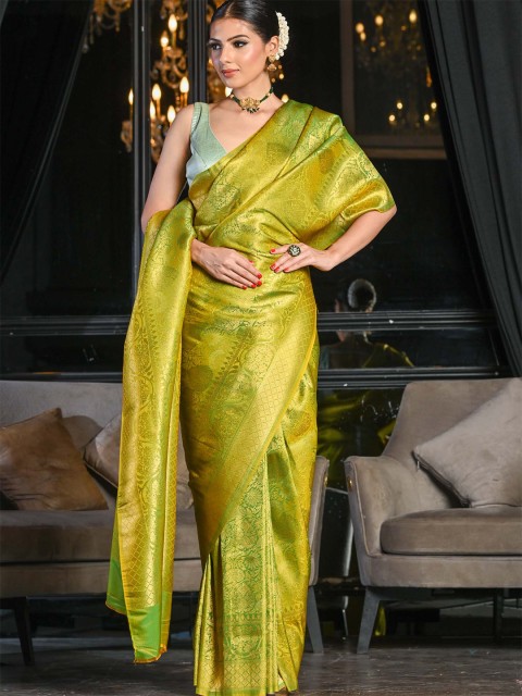 

BEATITUDE Lime Green & Golden Ethnic Motifs Zari Silk Blend Kanjeevaram Saree