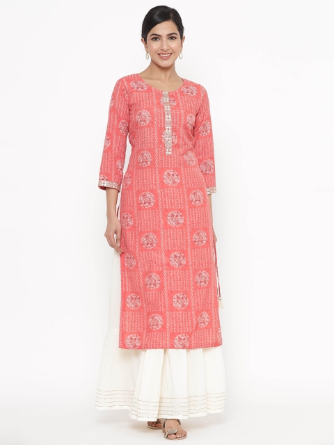 

JAVTA Women Pink & Off White Geometric Printed Kurta