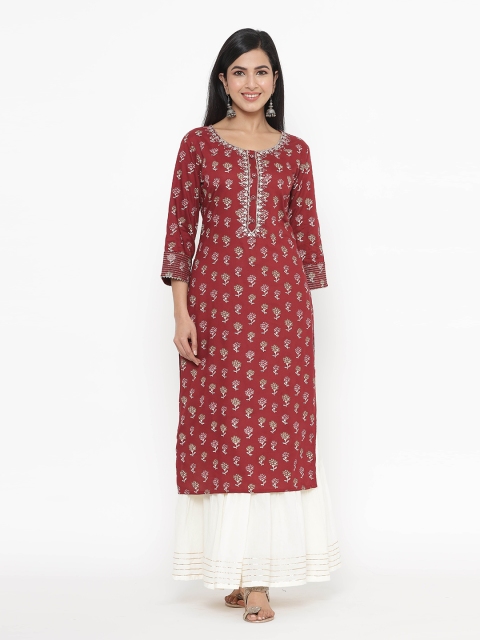 

JAVTA Women Red & Off White Floral Printed Kurta