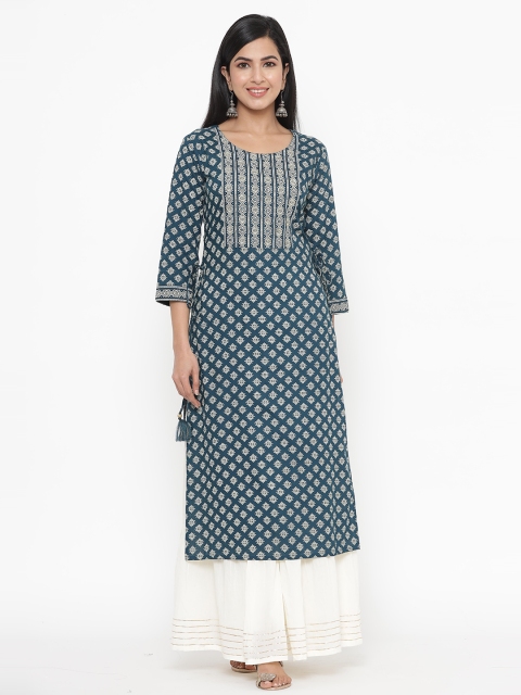 

JAVTA Women Blue & White Ethnic Motifs Printed Kurta