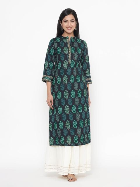 

JAVTA Women Navy Blue & Green Ethnic Motifs Printed Kurta