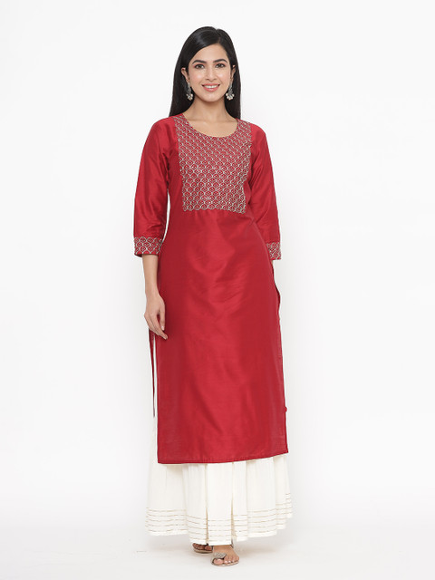 

JAVTA Women Red Geometric Embroidered Kurta