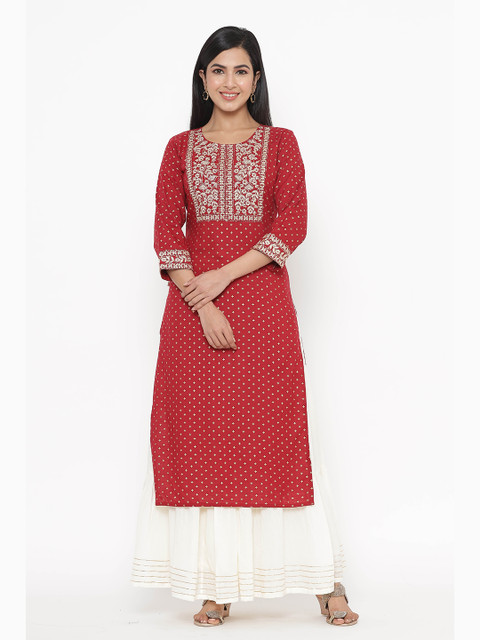 

JAVTA Women Red Ethnic Motifs Embroidered Kurta