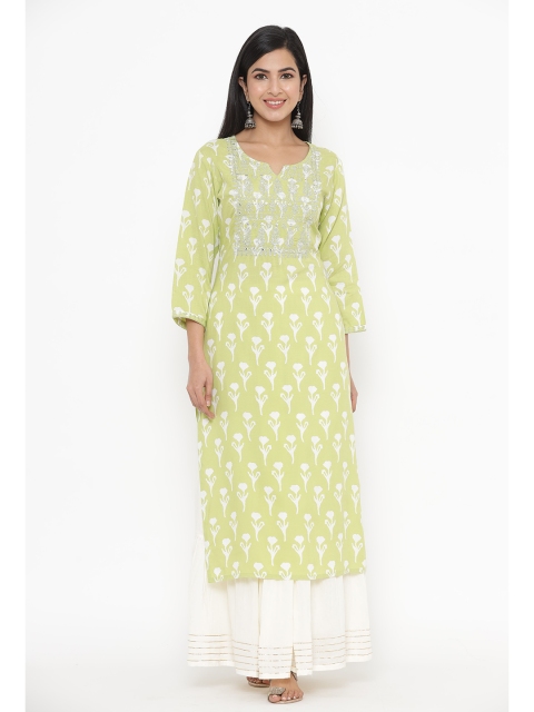 

JAVTA Women Green Yoke Design Thread Work Floral Kurta