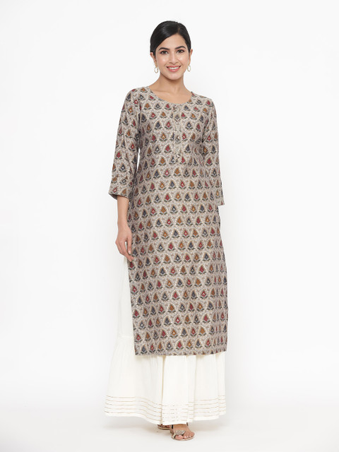

JAVTA Women Grey & Brown Ethnic Motifs Printed Kurta