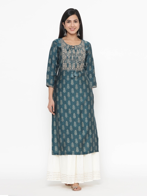 

JAVTA Women Teal & Beige Ethnic Motifs Printed Kurta