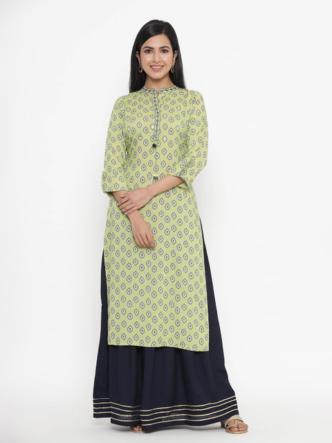 

JAVTA Women Green & Grey Geometric Printed Kurta