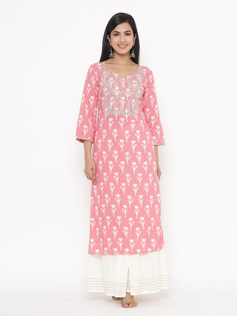 

JAVTA Women Pink & Off White Floral Printed Thread Work Kurta
