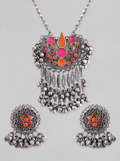 

Rubans Women Orange & Pink Oxidised Silver-Plated Jewellery Set