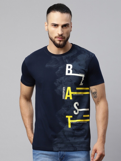 

Rodamo Men Navy Blue Typography Printed Raw Edge Slim Fit T-shirt