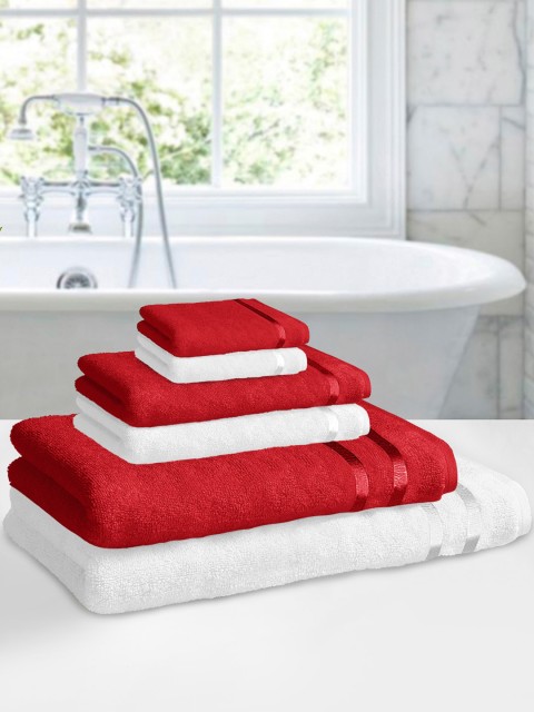 

Story@home Set Of 6 White and Red Solid Pure Cotton 450 GSM Towel Set