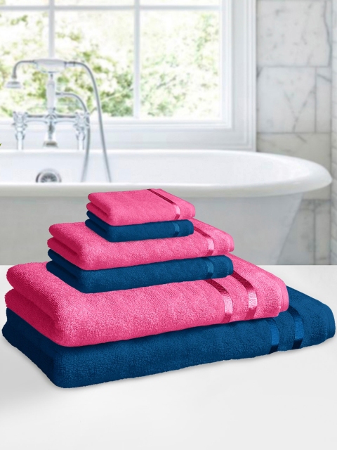 

Story@home Set Of 6 Navy Blue & Pink Solid Pure Cotton 450 GSM Towel Set